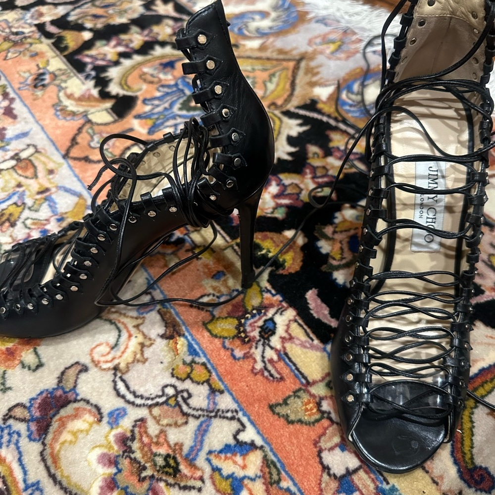 Jimmy Choo Black Leather Strappy Heels - Picture 2 of 4